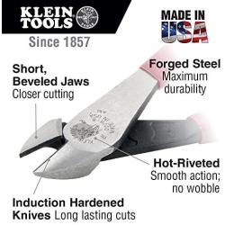 Klein Tools D228-8 Pliers, Diagonal Cutting Pliers with Short Jaw and Beveled Knives, High-Leverage Color-Coded Wire Cutters, 8-Inch