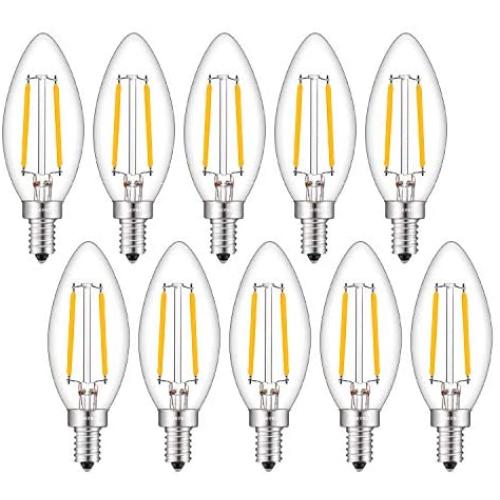 OMAYKEY 2W LED Candelabra Bulb 25W Equivalent 3000K Soft White 250LM, E12 Base LED Chandelier Light Bulbs, Vintage Edison Clear Glass B11 Candle Torpedo Shape, Non-dimmable, Pack of 10