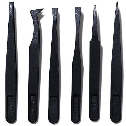 6pcs Precision Tweezers, Plastic Tweezers Set for Electronics DIY Jewelry-making Repair Tool, Black