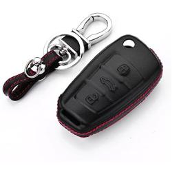 M.JVisun Men Women Genuine Leather Key Fob Cover for Audi A1 A3 A4 A6 A8 Quattro Q2 Q3 Q7 R8 RS3 RS6 S3 S6 TT TTS Key, Car Remote Key Case Pouch Bag with Key Ring Kit Keychain Holder Hook - Black