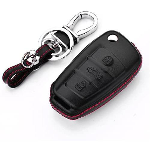M.JVisun Men Women Genuine Leather Key Fob Cover for Audi A1 A3 A4 A6 A8 Quattro Q2 Q3 Q7 R8 RS3 RS6 S3 S6 TT TTS Key, Car Remote Key Case Pouch Bag with Key Ring Kit Keychain Holder Hook - Black