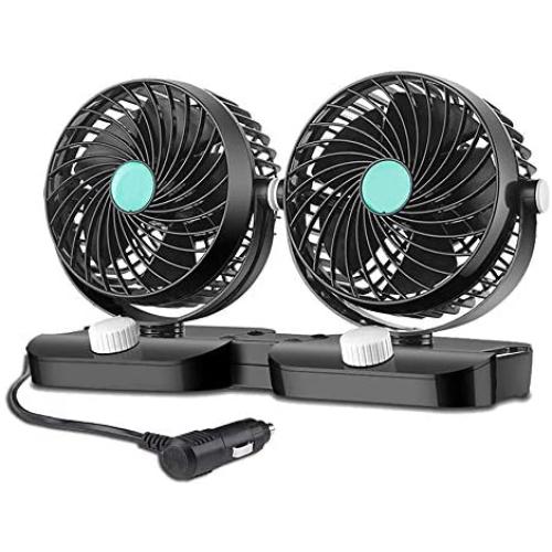 HITOPTY 12V Electric Car Fan, Dual Head 360 Degree Swivel 2 Switches 2 Speeds Dashboard Air Fan with Cigarette Lighter for Auto Vehicles SUV RV Boat
