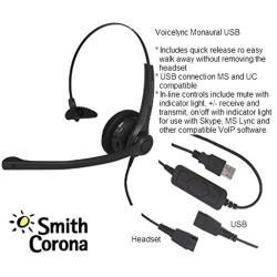 Smith Corona VoiceLync Monaural USB Headset with GNN Compatible QD, Detachable Bottom USB Cord