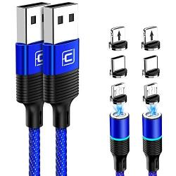 Magnetic Charging Cable, CAFELE 2 Pack/6.6ft 3 in 1 Magnetic Phone Charger Universal QC 3.0 Fast Charging Data Sync Nylon Braided USB Cord Magnet Phone Charger for iOS Micro USB Type C Devices - Blue