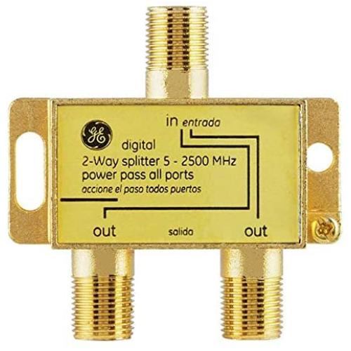GE Digital 2-Way Coaxial Cable Splitter, 2.5 GHz 5-2500 MHz, RG6 Compatible, Works with HD TV, Satellite, High Speed Internet, Amplifier, Antenna, Gold Plated Connectors, Corrosion Resistant, 33526