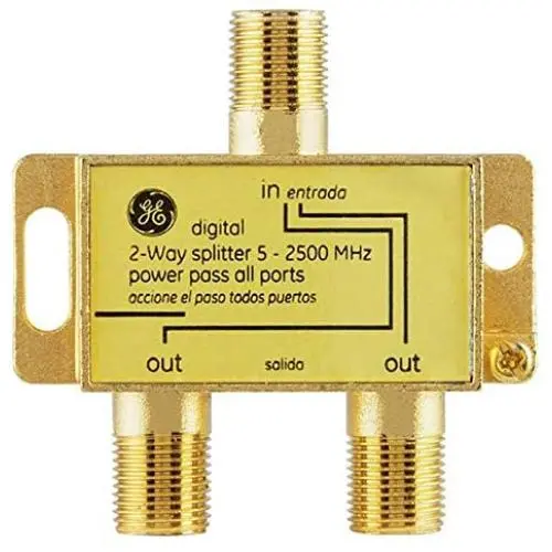 GE Digital 2-Way Coaxial Cable Splitter, 2.5 GHz 5-2500 MHz, RG6 Compatible, Works with HD TV, Satellite, High Speed Internet, Amplifier, Antenna, Gold Plated Connectors, Corrosion Resistant, 33526