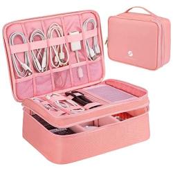 Travel Electronics Organizer, Waterproof Cable Organizer Bag for Electronic Accessories Double Layer Large Shockproof Cable Storage Bag for Cord, Power Bank, Tablet(Up to iPad 11 inch)- Rose Gold
