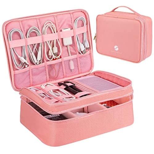 Travel Electronics Organizer, Waterproof Cable Organizer Bag for Electronic Accessories Double Layer Large Shockproof Cable Storage Bag for Cord, Power Bank, Tablet(Up to iPad 11 inch)- Rose Gold