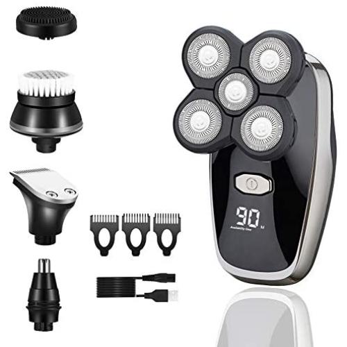 HappyGo 5 in 1 Rotary Electric Shaver for Men Bald Head Razors Wet Dry Men Grooming Kit LED 5D Floating Shaver with Nose Hair Sideburns Trimmer Hair Clippers Facial Brushes USB Rechargeable (Black)