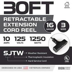 30Ft Retractable Extension Cord Reel with Breaker Switch & 3 Electrical Power Outlets - 16/3 SJTW Durable Black Cable - Perfect for Hanging from Your Garage Ceiling