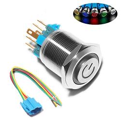 Monrand 22mm Latching Push Button Switch,12V DC ON/Off Self-Locking Latching Push Button Switch Waterproof LED Light Toggle Switches with Wire Socket Plug 7/8'' Mounting Hole,Blue Light
