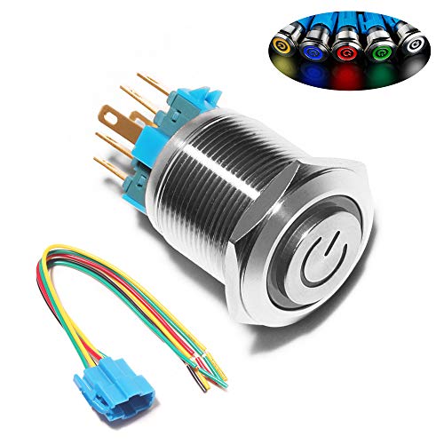 Monrand 22mm Latching Push Button Switch,12V DC ON/Off Self-Locking Latching Push Button Switch Waterproof LED Light Toggle Switches with Wire Socket Plug 7/8'' Mounting Hole,White Light