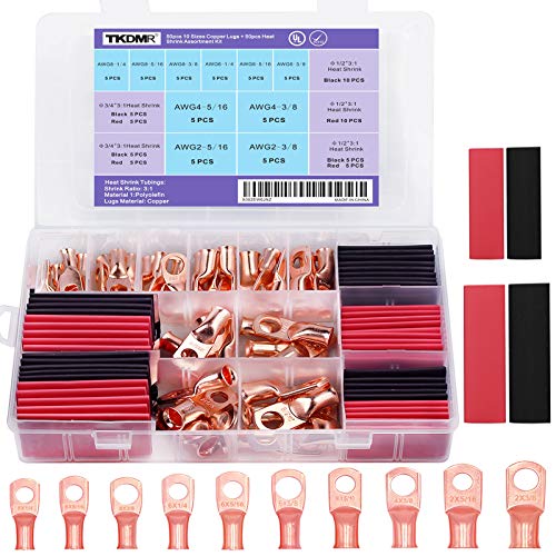 TKDMR 100Pcs UL AWG 8 6 4 2 Copper Wire Lugs with Heat Shrink Set,50Pcs Heavy Duty Cable Lugs Battery Cable Ends Copper Eyelets Terminal Connectors with 50Pcs Heat Shrink Tubing (100pcs 8/6/4/2 Awg)