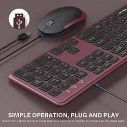 Wired Keyboard and Mouse, Jelly Comb Ultra Thin Full Size USB Wire Corded Keyboard Mouse Combo Set with Number Pad for Computer, Laptop, PC, Desktop, Notebook, Windows 7, 8, 10 (Wine Red)
