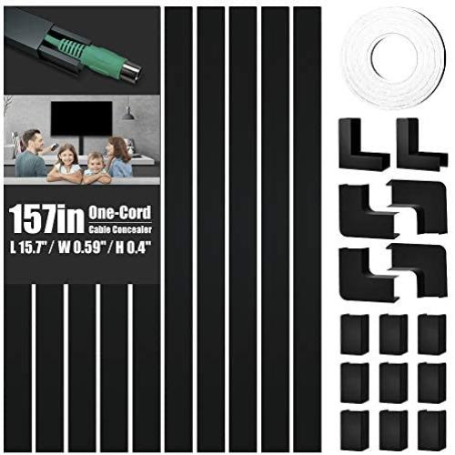 One-Cord Cable Concealer, 157in Cord Cover, PVC Wire Molding, Paintable Wire Channel to Hide a Single Power Cord, Speaker Wire or TV Cables in Home or Office - 10X L15.7in, W0.59in, H0.4in, CC03 Black