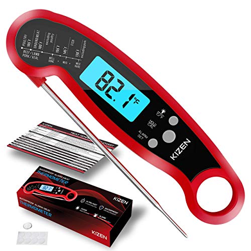 Kizen Meat Instant Read Thermometer - Best Waterproof Alarm Thermometer with Backlight & Calibration. Kizen Digital Food Thermometer for Kitchen, Outdoor Cooking, BBQ, and Grill!¡¦