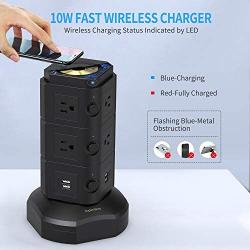 SUPERDANNY Surge Protector Tower with 10W Wireless Charger, Spin Power Strip Tower 13A Vertical Charging Station with 10 AC Outlets+4 USB Slots and 6.5ft Extension Cord for Home Office Garage, Black