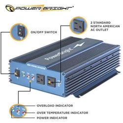 PowerBright 24 Volts Pure Sine Power Inverter 600 Watt, True Sine Continuous 24 Volt DC to 120 Volt AC - Perfect for an Emergency, Hurricane, Storm Outage