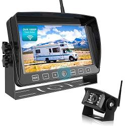 Fookoo 1080P Wireless Backup Camera System Kit with Recording, 7'' HD Split Monitor with Touch Button & IP69 Waterproof Rear View Camera, Digital Signal, Parking Lines for RV/Truck/Trailer/Van(DW701)