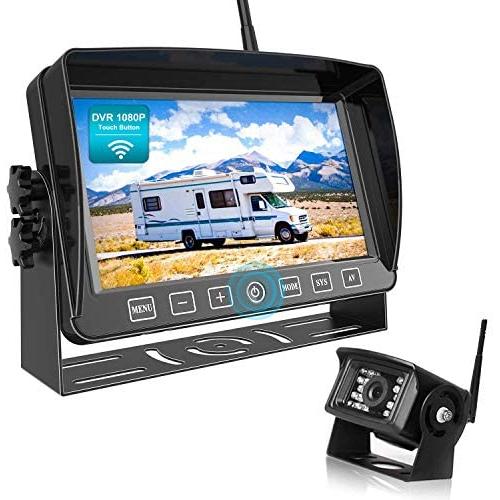Fookoo 1080P Wireless Backup Camera System Kit with Recording, 7'' HD Split Monitor with Touch Button & IP69 Waterproof Rear View Camera, Digital Signal, Parking Lines for RV/Truck/Trailer/Van(DW701)