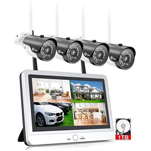 XVIM 12'' Monitor Wireless Signal Security Camera System with 1TB Hard Drive, 4pcs 2.0MP Outdoor Waterproof IP Cameras, 4 Channel HD 1080P WiFi Video Surveillance Cameras DVR Kits,Easy Remote View