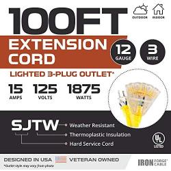 Lighted Outdoor Extension Cord with 3 Electrical Power Outlets - 10/3 SJTW Heavy Duty Yellow Cable with 3 Prong Grounded Plug for Safety (100ft - Yellow with Powerblock)