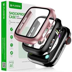 FLOVEME Protective Case with Glass for Apple Watch Series 6 5 4 SE 44mm Screen Protector 2 Pack Tempered Glass Hard PC Bumper Cover Compatible with Apple Watch Screen Protector 44mm - Case for iWatch