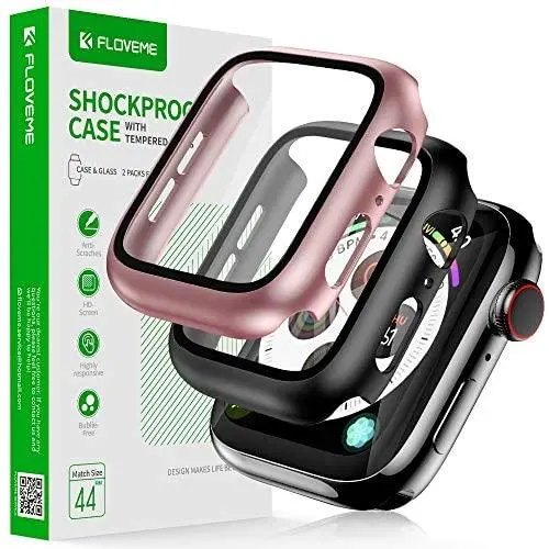 FLOVEME Protective Case with Glass for Apple Watch Series 6 5 4 SE 44mm Screen Protector 2 Pack Tempered Glass Hard PC Bumper Cover Compatible with Apple Watch Screen Protector 44mm - Case for iWatch