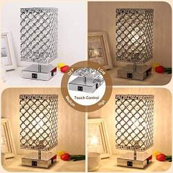Touch Crystal Lamp, 3 Way Dimmable Crystal Table Lamp with USB Ports and AC Outlet, Crystal Bedside Lamps with Sliver Crystal Lampshade Crystal Nightstand Lamp for Bedrooms, Living Room, Bulb Included