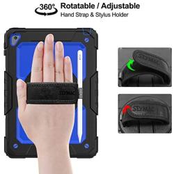 SEYMAC stcok Case for iPad 6th/5th Generation, Shock-Proof [Full-Body] Case with 360 Degrees Rotating Stand [Pencil Holder] [Screen Protector] Hand Strap for iPad 6th/5th/ Air 2/ Pro 9.7 (Blue+Black)