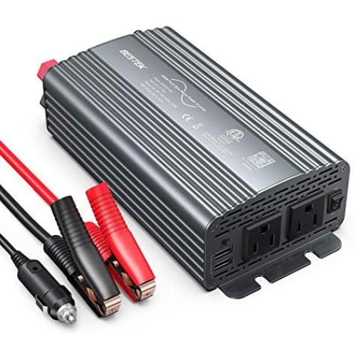 BESTEK 500W Pure Sine Wave Power Inverter DC 12V to 110V AC Car Plug Inverter Adapter Power Converter with 4.2A Dual USB Charging Ports and 2 AC Outlets Car Charger, ETL Listed, Grey