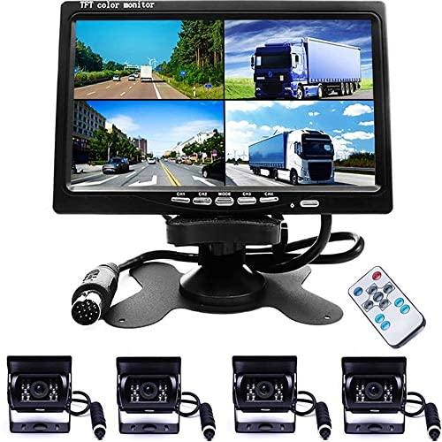 Camecho Vehicle Backup Camera 7 Inch 4 Split Monitor+ 4 Cameras with Front View, Rear View 18 IR Night Vision Waterproof Auto Camera with 2x33 ft and 2x65ft Cables for Trucks, RV, Trailer, Bus