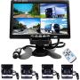 Camecho Vehicle Backup Camera 7 Inch 4 Split Monitor+ 4 Cameras with Front View, Rear View 18 IR Night Vision Waterproof Auto Camera with 2x33 ft and 2x65ft Cables for Trucks, RV, Trailer, Bus