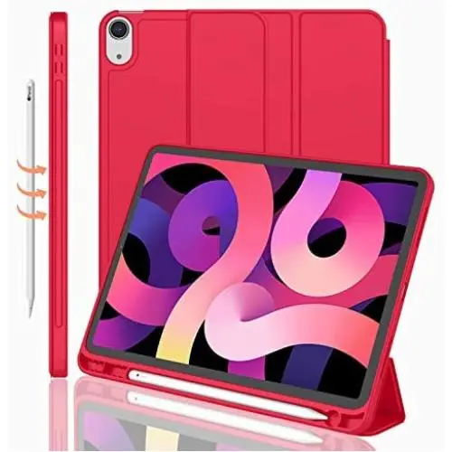 iMieet Case for New iPad Air 4th Generation 10.9 Inch 2020 with Pencil Holder [Support Touch ID and iPad 2nd Pencil Charging/Pair], Trifold Stand Smart Case with Soft TPU Back,(Red)