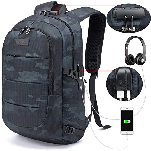 Tzowla Business Laptop Backpack Water Resistant Anti-Theft College Backpack with USB Charging Port and Lock 15.6 Inch Computer Backpacks for Women Men, Casual Hiking Travel Daypack (Navy Blue Camo)