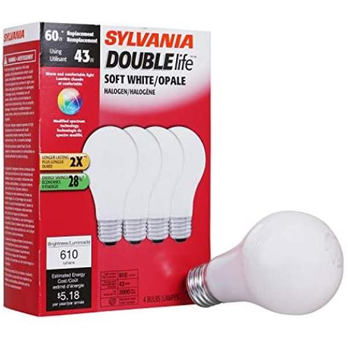 SYLVANIA Halogen Lamp Double Life / Dimmable Light Bulb A19 / Energy-Saving Replacement for 60W Incandescent / Medium Base E26 / 43 Watt / 2750K – Soft White, 4 Pack