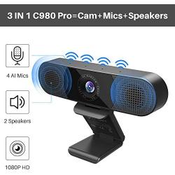 3 in 1 Webcam - C980 Pro Webcam 1080P, 2 Speakers & 4 Built-in Omnidirectional Microphones Arrays, Webcam with Microphone for Video Conferencing Streaming, Noise Reduction, Plug & Play, w/Cover