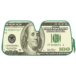 Hundred Dollar Bill Benjamin Franklin Front Windshield Sun Shade - Accordion Folding Auto Sunshade for Car Truck SUV - Blocks UV Rays Sun Visor Protector - Keeps Your Vehicle Cool - 58 x 28 Inch