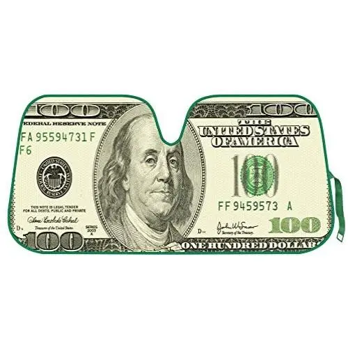 Hundred Dollar Bill Benjamin Franklin Front Windshield Sun Shade - Accordion Folding Auto Sunshade for Car Truck SUV - Blocks UV Rays Sun Visor Protector - Keeps Your Vehicle Cool - 58 x 28 Inch