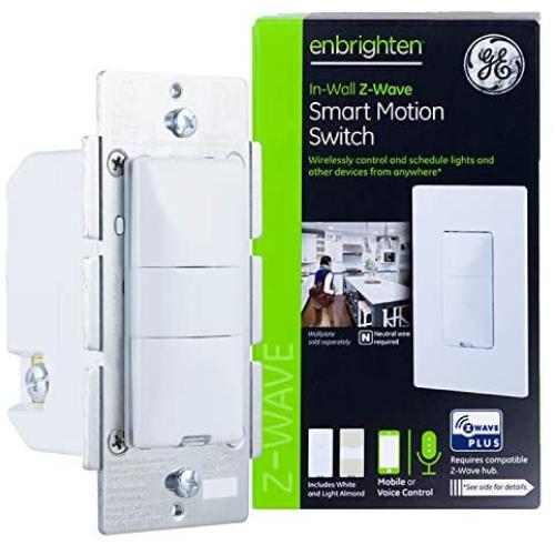 GE Enbrighten Z-Wave Plus Smart Motion Sensor Light Switch, On/Off, Vacancy / Occupancy Sensor, Includes White and Lt. Almond, Zwave Hub Required, Works with SmartThings, Wink, and Alexa, 26931