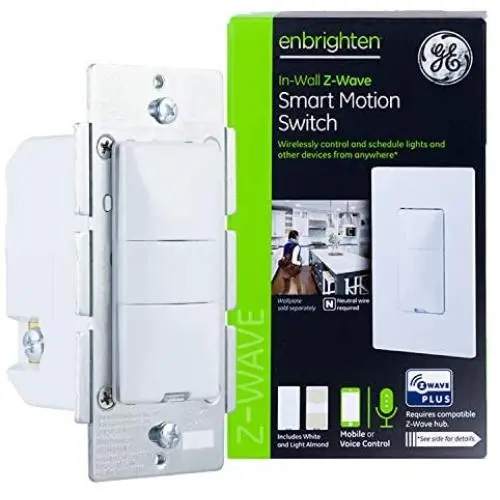 GE Enbrighten Z-Wave Plus Smart Motion Sensor Light Switch, On/Off, Vacancy / Occupancy Sensor, Includes White and Lt. Almond, Zwave Hub Required, Works with SmartThings, Wink, and Alexa, 26931
