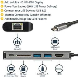 StarTech.com USB C Multiport Adapter - USB-C Travel Dock to 4K HDMI, 3x USB 3.0 Hub, SD/SDHC, GbE, 60W PD 3.0 Pass-Through - Portable USB-C Mini Docking Station USB Type-C/Thunderbolt 3 (DKT30CSDHPD3)