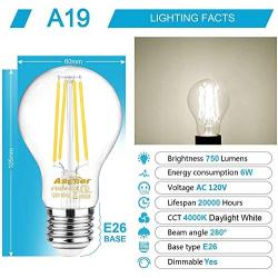 Ascher Dimmable E26 LED Filament Light Bulbs, 60 Watt Equivalent, Dimmable E26 LED Filament Light Bulbs, Daylight White 4000K, Classic Clear Glass, A19 LED Light Bulb, 6 Pack