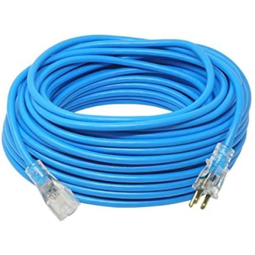 Coleman Cable 2629 Outdoor Extension Cord with Lighted Ends Made of Cold-Flex Weather-proof Material (100 Feet, 14/3, Blue)