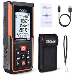 Tacklife S5-60 Upgraded Laser Measure 196Ft M/Ft/Inch Rechargeable Mute Laser Distance Meter with Electronic Angle Sensor Backlit LCD Pythagoras for Distance,Area, Volume-99 Records+Re-calibration