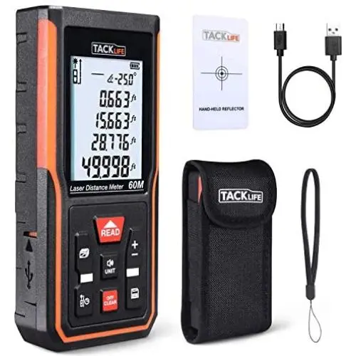 Tacklife S5-60 Upgraded Laser Measure 196Ft M/Ft/Inch Rechargeable Mute Laser Distance Meter with Electronic Angle Sensor Backlit LCD Pythagoras for Distance,Area, Volume-99 Records+Re-calibration