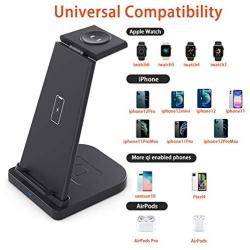 3 in 1 Wireless Charging Station, Phone Wireless Charger Stand Watch Charger Stand Compatible with iPhone 12 11 Pro Pro Max X XR XS 8 Samsung Galaxy S20+ S10 S9 iWatch 6/5/4/3/2 Airpods 2/Pro (Black)