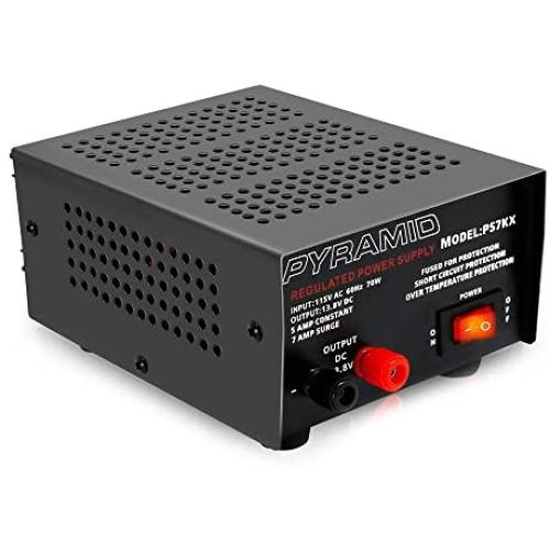 Universal Compact Bench Power Supply - 5 Amp Linear Regulated Home Lab Benchtop AC-to-DC 12V Converter w/ 13.8 Volt DC 115V AC 70 Watt Power Input, Screw Type Terminals, Cooling Fan - Pyramid PS7KX,BLACK