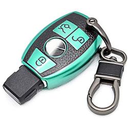 CTRINEWS for Mercedes Key Fob with Leather Keychain, Advanced Soft TPU Surface Leather Grain Car Key Cover for Classic Style Mercedes Benz Smart Key(Green)