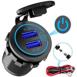 Quick Charge 3.0 Dual USB Charger Socket, Waterproof 12V/24V USB Outlet QC 3.0 Dual Charger Socket with Touch Switch DIY Kit for Car, Golf Cart, Boat, RV, Motorcycle, Truck and More
